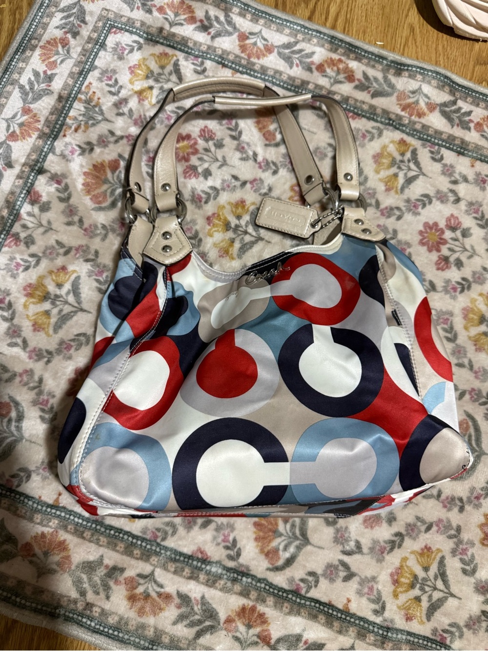 VTG Coach Multicolor Circle Print Shoulder Bag with Cream Trim